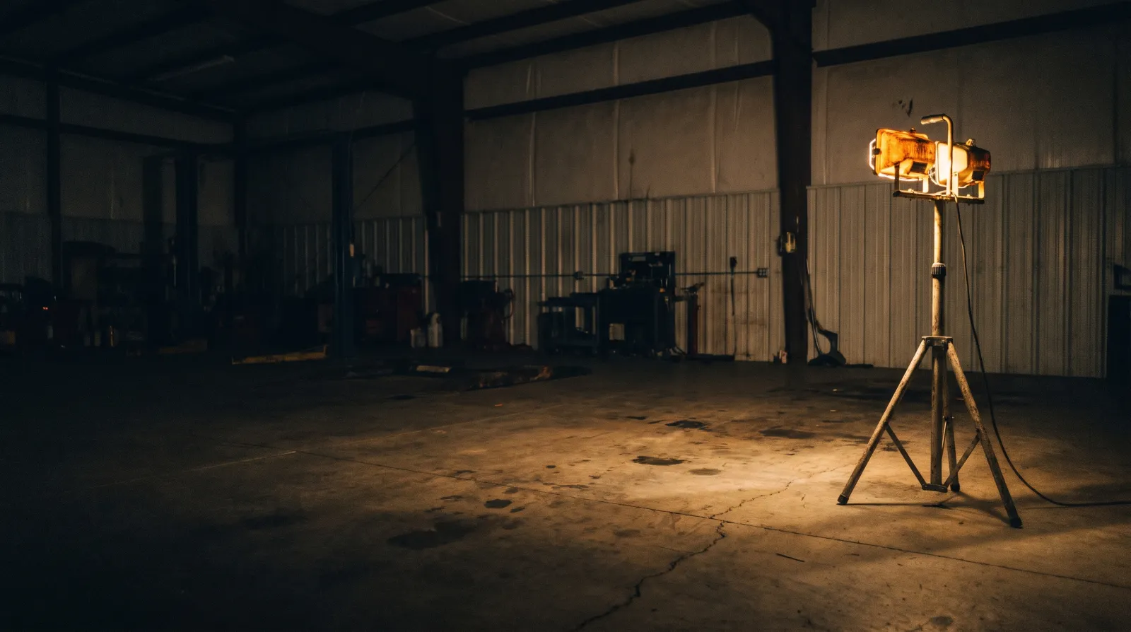 An illustrative amber work lamp casting light across an empty bay